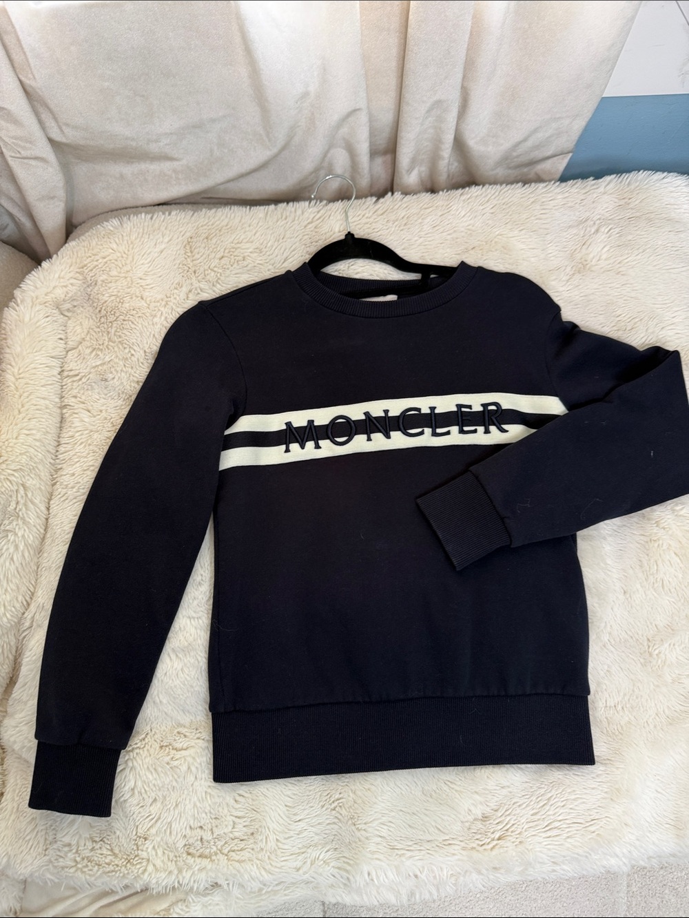 Moncler Navy Crewneck with Cream Striped Chest Logo